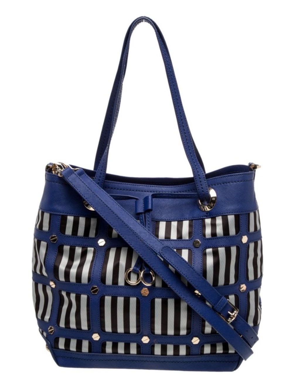 henri bendel Large Blue Leather and Signature Striped Cutout Tote!